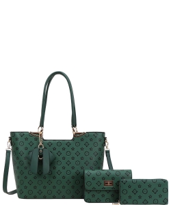 3in1 Designer Flower Tassel Handbag Wallet Set WY-8093S GREEN